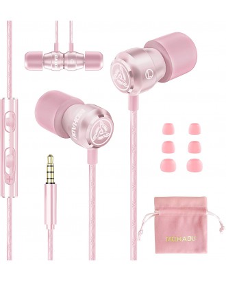 MOHADU Wired Earbuds with Microphone Memory Foam in-Ear Headphones 3.5mm Professional Metal Earbud Reinforced Cable Heavy Bass Sound Quality Music Earphone(Pink)